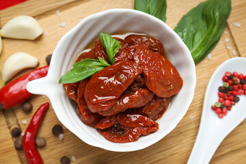 Concept of tasty food - sun-dried tomato, top view