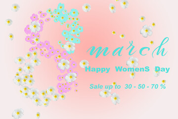 Fototapeta na wymiar flyer or banner about 30,50,70 percent discount for international women's day on march 8th. 3d illustration