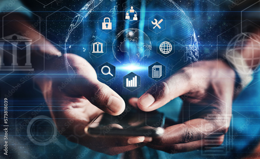 Poster Phone app hologram, man hands and digital data display of information technology on mobile. Erp overlay, globe graphic and businessman with ai and media application icon on tech innovation software