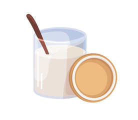 Beet sugar sand, powder in glass jar. Sweet granulated crystals in container with lid and spoon. Cooking ingredient, sweetener. Flat cartoon vector illustration isolated on white background