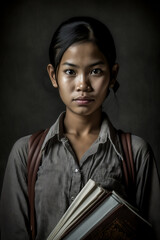 AI Generative Illustration of an south-east asian looking female teen holding books in her hands looking at camera