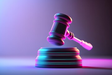 Justice Gavel on Neon Background. Photo generative AI - obrazy, fototapety, plakaty