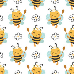 Seamless Pattern with Flying Cute Bee and doodle flower, Cartoon Animals Background, Design for baby clothes, t-shirts, wrapping, fabric, textiles and more