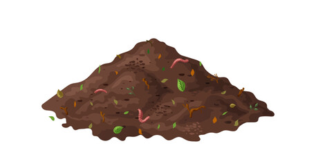 Organic soil heap for compost, garden recycling natural garbage. Earth worms and biodegradable trash. Vector illustration