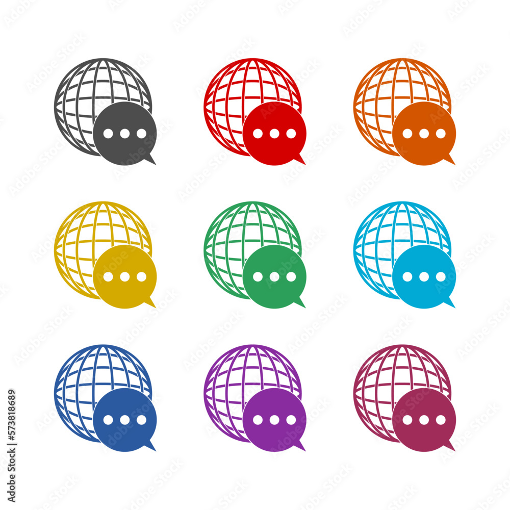 Poster logotype world map made from speech bubble icon isolated on white background. set icons colorful