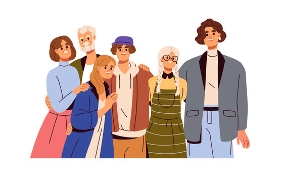 Happy family gathering portrait. United people hugging. Unity, support and love, good relationship concept. Grandparent, mother, teenager. Flat graphic vector illustration isolated on white background