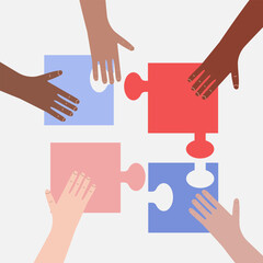 Hands of diverse group of people putting together. Concept of community, support, partnership, teamwork, social movement, friendship and cooperation. Flat cartoon vector illustration - obrazy, fototapety, plakaty