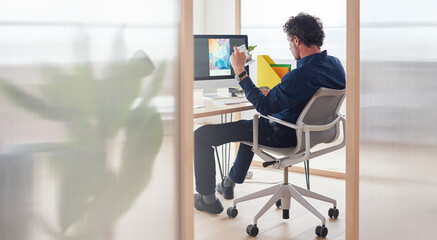 Magazine, planning or graphic designer man on computer for creative research, web page strategy or...