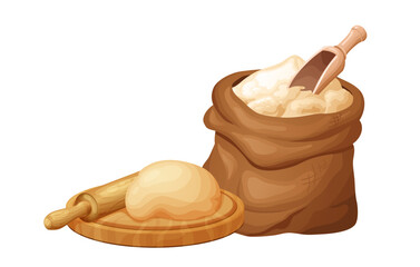 Fresh raw dough for bakind. Homemade tasty bread. Cartoon of wooden kitchen rolling pin. Vector illustration for menu, cafe, restaurant