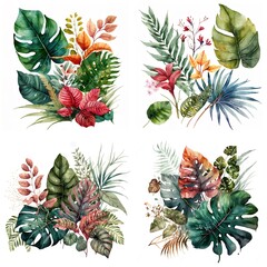 Fototapeta premium Watercolor Tropical Plants Leaves, Flower for Unique Wedding Invitations and Event Decor Created with Generative AI technology