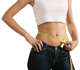 Female fitness model holding a tape measurer around her waist - weightloss concept