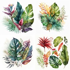 Obraz premium Watercolor Tropical Plants Leaves, Flower, Watercolor Illustrations of Colorful Tropical Plants Created with Generative AI technology
