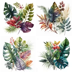 Fotobehang Watercolor Tropical Plants Leaves, Flower Created with Generative AI technology © Supermarket Flowers
