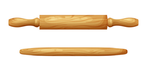 Fresh raw dough for bakind. Homemade tasty bread. Cartoon of wooden kitchen rolling pin. Vector illustration for menu, cafe, restaurant