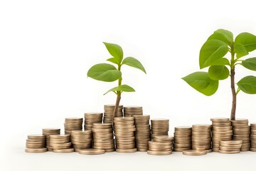 Growing tree growing from coins. stacking coins on white background, Business Finance and Money concept, Save money for prepare in the future, green finance, green growth. Plant.