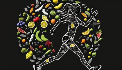  a woman is running through a circle of fruits and vegetables on a black background with a white outline in the center of the circle is a woman's silhouette.  generative ai