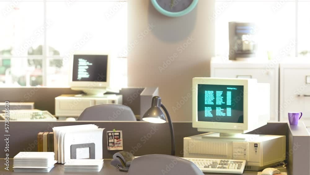 Poster 90s office render with vintage crt monitors displaying code. retro vibes of the era 80s, 90s full of