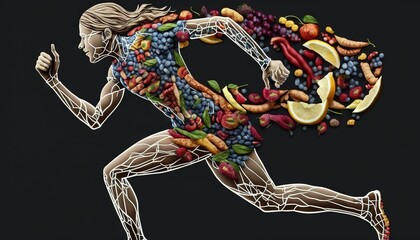  a drawing of a running man made of fruits, vegetables, and meats on a black background with a black background behind it is a black backdrop.  generative ai