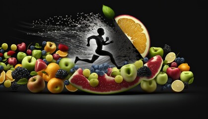 Fototapeta na wymiar a man running through a pile of fruits and watermelon on top of a black background with a splash of water coming out of the top. generative ai