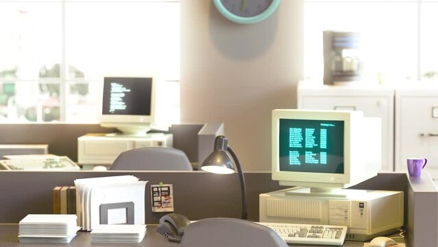 90s office render with vintage CRT monitors displaying code. Retro vibes of the era 80s, 90s Full Office scene.