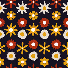 Fototapeta premium Cool Daisy flower seamless pattern isolated on blue background.