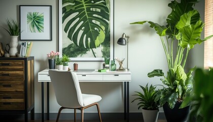  a desk with a chair and a plant in a room with a painting on the wall and a chair in front of the desk with a plant on it.  generative ai