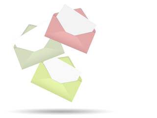 Drei bunte Briefumschläge vor weißem Hintergrund, 3D-Illustration