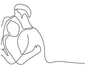Hand drawing single one line of couple hugging isolated on white background.
