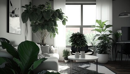  a living room filled with lots of plants and a white couch next to a table with a coffee table on top of it and a rug.  generative ai