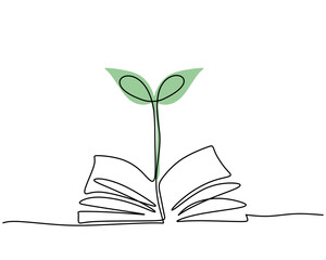 Hand drawing single one line of plant on book isolated on white background.