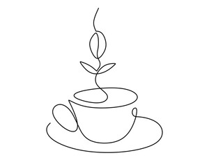 Hand drawing single one line of cup of coffee isolated on white background.