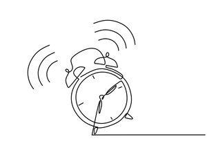 Hand drawing single one line of alarm clock isolated on white background.