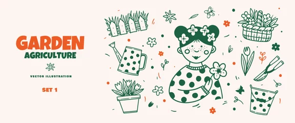 Fotobehang Florist girl and gardener set in linear style. Basket with flowers, watering can, flowers in boxes, spatula, pruner, small fence. Design element for coloring books, postcards, clothes.  © KOSIM