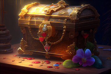 Shining, intricately-detailed chest with glittering gold coins and gems, ai generated illustration
