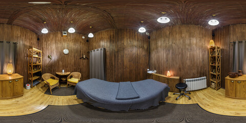 hdri 360 panorama view in stylish beauty spa and massage saloon in wooden room in equirectangular...