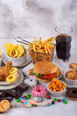 Assortment of various unhealthy junk food.