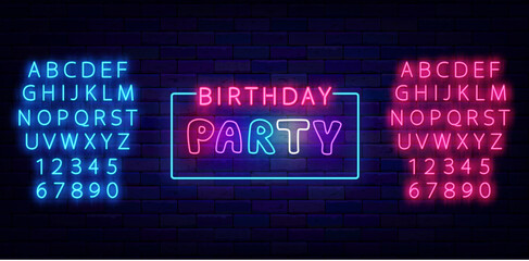 Birthday party neon label. Rectangular frame. Light event. Luminous blue and pink alphabet. Vector stock illustration