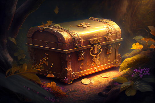 Shining, intricately-detailed chest with glittering gold coins and gems, ai generated illustration