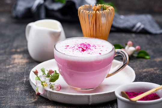Pink matcha latte with milk