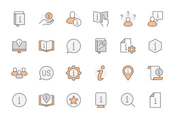 Information line icon set. Privacy policy, manual, rule, instruction, inform, guide, reference minimal vector illustration. Simple outline sign tutorial app ui. Orange color. Editable Stroke - obrazy, fototapety, plakaty