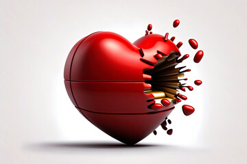 broken red heart with a bullet hole on white background. Generative AI