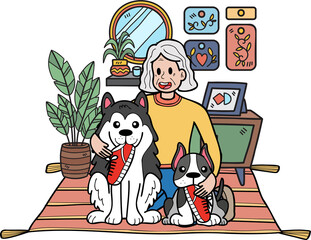 Hand Drawn Elderly sitting with the dog illustration in doodle style