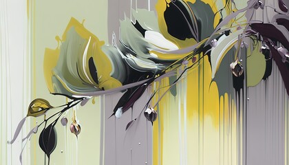  a painting of flowers on a wall with a yellow and gray background and a green and white stripe behind it and a yellow and white stripe behind it.  generative ai