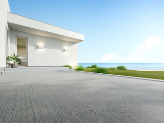 3d render of white modern house with concrete entrance on sea view background. - 573823867