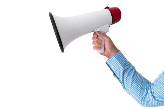 hand holding megaphone or bullhorn, transparent background PNG