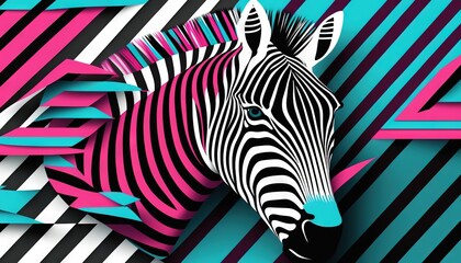  a zebra is standing in front of a multicolored background of lines and shapes that appear to have been cut out of a piece of paper.  generative ai