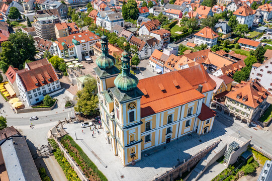 Aerial view of the city Donaueschingen in Germany and church St. Johannes Baptist