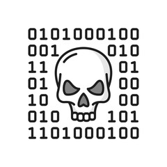 Skull and binary system, cyber attack line icon