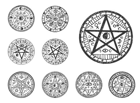 Circle magic pentagram sketch, old occult seal