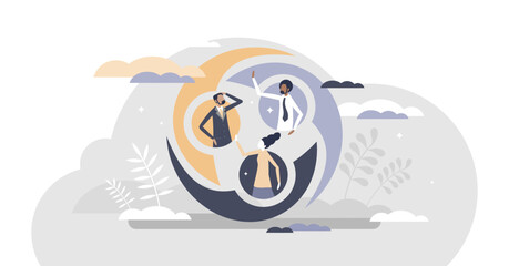 Connected persons with linked cycle as social group unity tiny person concept, transparent background. Common partnership interaction as united system or network illustration.